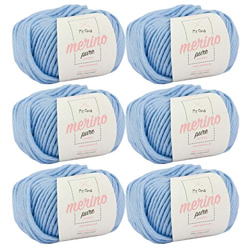 weiche Wolle zum Stricken -6x Merino pure arctic (Fb 46277)- 6 Knäuel Merinowolle hellblau + GRATIS Label - Merino Handstrickgarn - 50g/65m - Nadelstärke 6-7mm - 100% Merino - Merinowolle extrafine von My Oma