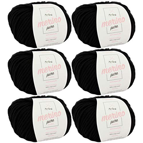 weiche Wolle zum Stricken -6x Merino pure schwarz (Fb 4200)- 6 Knäuel Merinowolle + GRATIS Label - Merino Wolle chunky - 50g/65m - Nadelstärke 6-7mm - 100% Merino - Merinowolle extrafine von My Oma