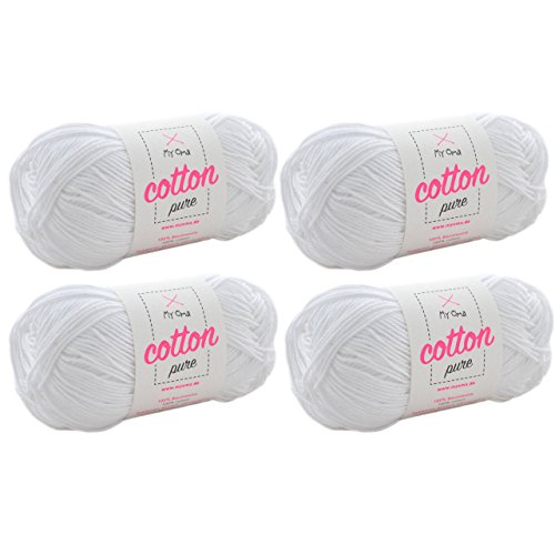 weißes Baumwolle Garn -MyOma Cotton pure perlweiß (Fb 0101)- Baumwolle zum Stricken und Häkeln + GRATIS Anleitung – 4 Knäuel Baumwolle weiß/weißes Baumwollgarn 50g/125m – Nadelstärke 2,5-3,5mm von My Oma