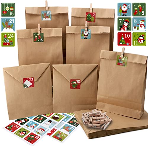 Adventskalender-Set zum selber Befüllen - 24 Papiertüten mit Zahlensticker 1-24 und Klammer - Kalender selber basteln mit Zahlensticker - Ideen für Kinder, Frauen und Männer zu Weihnachten von My-goodbuy24