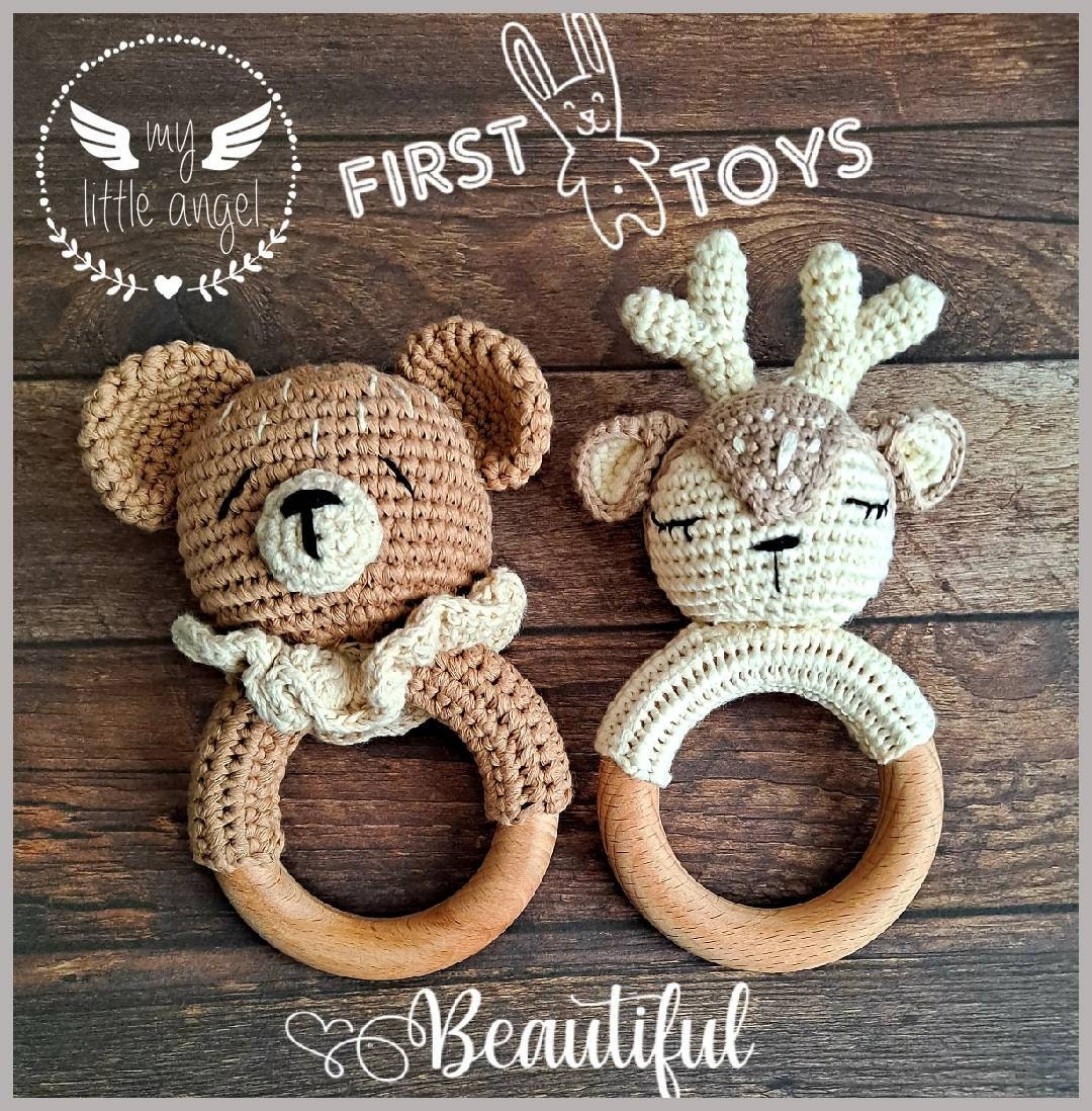 Hand Baby Häkeln Rassel | Bär Hirsch Hase Elefant Einhorn Löwe Baby-Dusche-Geschenk Junge Mädchen Unisex Handgefertigt von MyLittleAngelGB