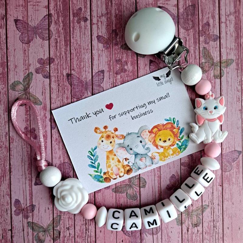 Wunderschöner Holz Schnullerkette | Personalisiertes Geschenk Baby Mädchen Rosa & Weiß Blume Babyparty Mam von MyLittleAngelGB