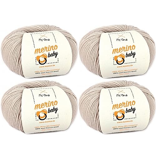 Baby Wolle - Merino Baby leinen (Fb 6060) - 4 Knäuel Babywolle + GRATIS Label - Babywolle flauschig - 25g/140m - Nadelstärke 2,5-3mm - Baby Garn Merino - Merino Wolle Baby stricken von MyOma von My Oma