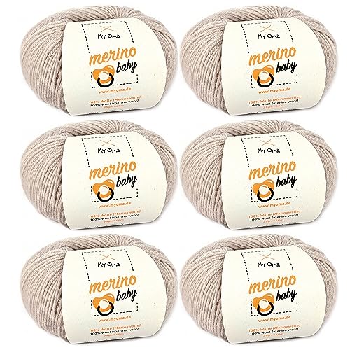 Baby Wolle - Merino Baby leinen (Fb 6060) - 6 Knäuel Babywolle + GRATIS Label - Babywolle flauschig - 25g/140m - Nadelstärke 2,5-3mm - Baby Garn Merino - Merino Wolle Baby stricken von MyOma von My Oma