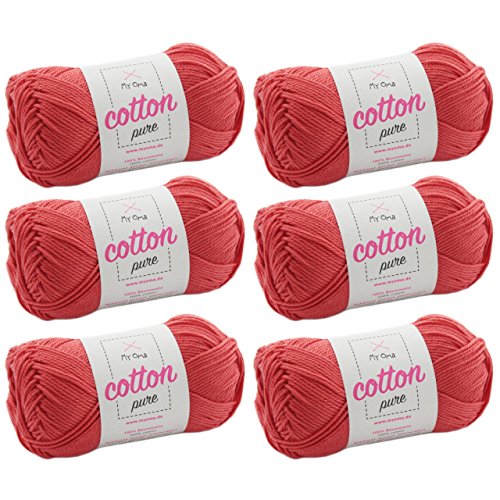 Baumwolle Garn -Myoma Cotton Pure Koralle (Fb 0017)- Baumwollgarn zum Häkeln + GRATIS Anleitung – 6 Knäuel Baumwollgarn hellrot/hellrote Baumwolle - 50g/125m – Nadelstärke 2,5-3,5mm von My Oma