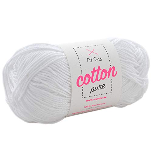 Baumwolle stricken -MyOma Cotton pure perlweiß (Fb 0101)- Baumwollgarn zum Häkeln – 1 Knäuel Baumwollgarn weiß/weiße Baumwolle - 50g/125m – Nadelstärke 2,5-3,5mm von MyOma