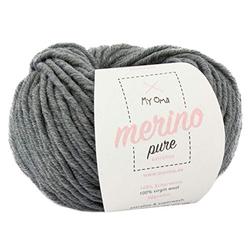 Merino Wolle -1x Merino pure steingrau (Fb 4303)- 1 Knäuel Merinowolle grau + GRATIS Label; Merinowolle zum Häkeln; 50g/65m; Nadelstärke 6-7mm; Merino Wolle fein; Merino Wolle fine; weiche Wolle von My Oma