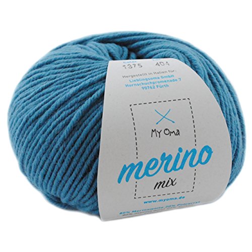 Merino Wolle häkeln - 1 Knäuel Merinowolle rauchblau (Fb 1375) - blaue Merino Wolle stricken - Garn Merino + GRATIS MyOma Label - 50g/120m - MyOma Wolle - weiche Wolle - Merinogarn (79€/kg) von My Oma