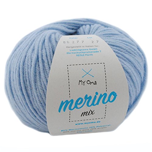 Merino Wolle stricken - 1 Knäuel Merino Wolle eisblau (Fb 82677) - hell blaue Wolle Merino - Wolle Mix + GRATIS MyOma Label - 50g/120m - MyOma Wolle - weiche Wolle - Merino Garn (79€/kg) von My Oma