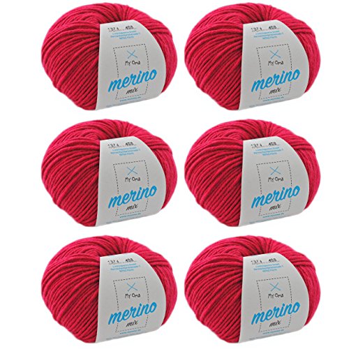 Merino Wolle stricken - Merino Wolle himbeere (Fb 1374) - 6 Knäuel pinke Merino Wolle häkeln - Merinogarn + GRATIS MyOma Label - 50g/120m - MyOma Wolle - weiche Wolle - Merinowolle von My Oma