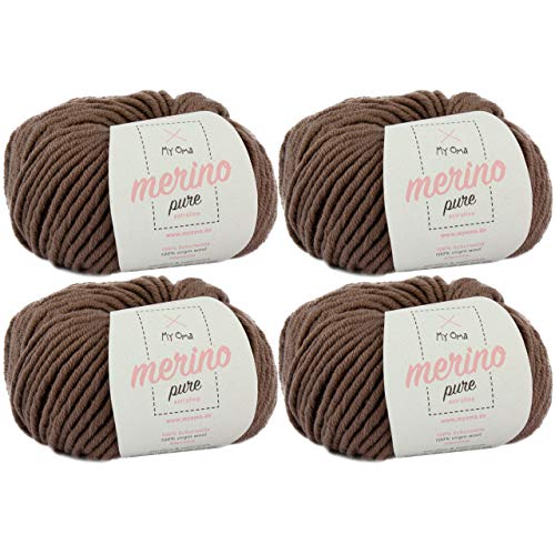 Merino Wolle zum Häkeln -4x Merino pure taupe (Fb 4368)- 4 Knäuel Merinowolle taupe + GRATIS Label - Merinowolle extrafein - 50g/65m - Nadelstärke 6-7mm - 100% Merino - Merinowolle chunky von My Oma