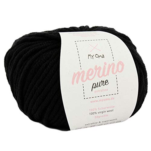 Merino Wolle zum Stricken -1x Merino pure schwarz (Fb 4200)- 1 Knäuel Merino Wolle Garn schwarz + GRATIS Label - weiche Wolle - 50g/65m - Nadelstärke 6-7mm - Merinowolle Mütze - Merino Wolle chunky von My Oma