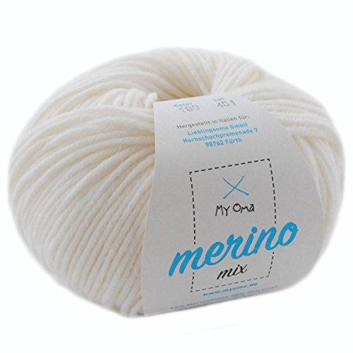 Merinowolle - 1 Knäuel Merino Wolle schneeweiß (Fb 100) - weiße Merinowolle zum Stricken -Strickgarn Merino + GRATIS MyOma Label - 50g/120m - MyOma Wolle - weiche Wolle - Merino Garn von My Oma