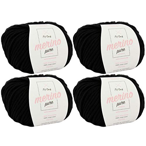 Merinowolle -4x Merino pure schwarz (Fb 4200)- 4 Knäuel Merino Wolle + GRATIS Label - weiche Wolle - 50g/65m - Nadelstärke 6-7mm - 100% Merino - Wolle zum Stricken - Wolle zum Häkeln MyOma von My Oma