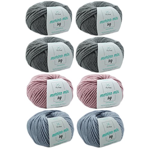 Merinowolle Stricken - Wolleset Wintermorgen L - 8 Knäuel Bunte Wolle Merino Mix Big – Wollepaket – Merinowolle- Nadelstärke 6-7mm – Lauflänge 50g=75m – Woll Set 79,00 €/kg von My Oma