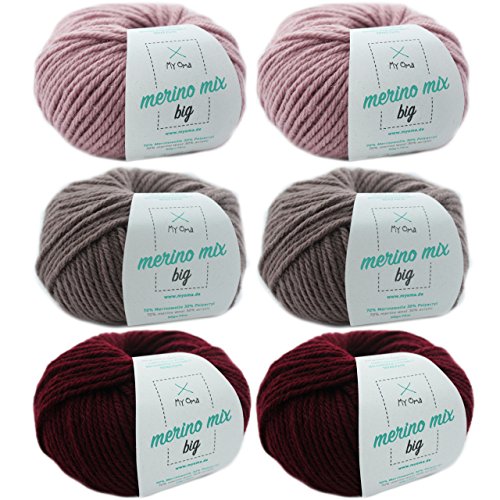 Merinowolle Stricken - Wollpaket Dornröschen L - 6 Knäuel Bunte Wolle Merino Mix Big - Dicke Wolle -Woll Set -Merinowolle -Nadelstärke 6-7mm -Lauflänge 50g/75m - Woll Paket 79€/kg von My Oma