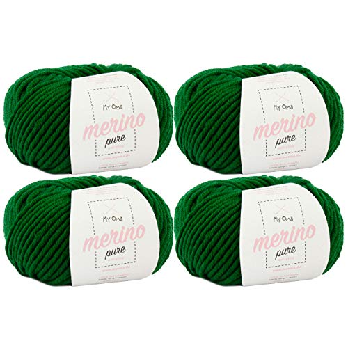 Merinowolle extrafine -4x Merino pure waldgrün (Fb 4737)- 4 Knäuel Merinowolle grün + GRATIS Label - weiche Wolle - 50g/65m - Nadelstärke 6-7mm - Merinowolle extrafine - Wolle Merino zum Stricken von My Oma