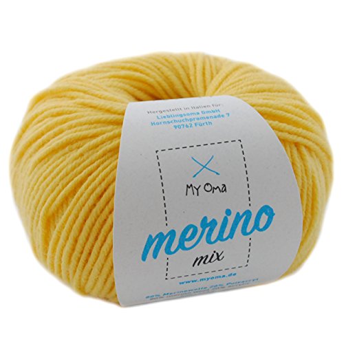 Merinowolle häkeln - 1 Knäuel Merino Wolle vanille (Fb 7762) - gelbe Wolle Merino - Wolle Mix zum Häkeln + GRATIS MyOma Label - 50g/120m - MyOma Wolle - weiche Wolle - Merino Garn von My Oma
