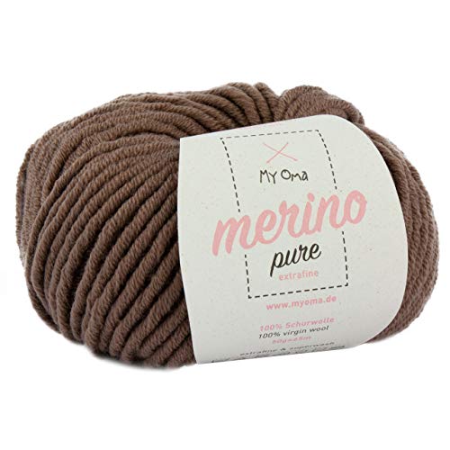 Merinowolle zum Stricken -1x Merino pure taupe (Fb 4368)- 1 Knäuel Merino Wolle braun + GRATIS Label - Merinowolle dickes Garn - 50g/65m - Nadelstärke 6-7mm - weiche Wolle zum Stricken - MyOma von My Oma