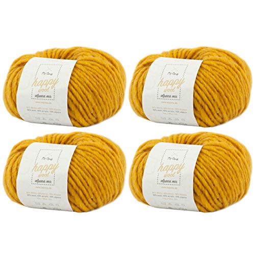 Alpaka Wolle zum Stricken -4x Happy Wool alpaca mix sonne (Fb 53)- 4 Knäuel Wolle gelb + GRATIS Label - Wolle mit Alpaka - 50g/80m - Nadelstärke 7-8mm -Mischwolle zum Stricken - gelbe Wolle von My Oma