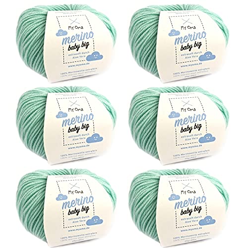 Babywolle Merino - Merino Baby Big Minze (Fb 8010) - 6 Knäuel Babywolle mintgrün + GRATIS Label - Merino Wolle Baby - 25g/85m - Nadelstärke 4mm - Grüne Baby Merino Wolle - Myoma Babygarn zum Stricken von My Oma