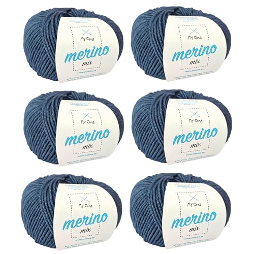 Merino Wolle häkeln - Merinowolle rauchblau (Fb 1375) - 6 Knäuel blaue Merino Wolle stricken - Garn Merino + GRATIS MyOma Label - 50g/120m - MyOma Wolle - weiche Wolle - Merinogarn von My Oma