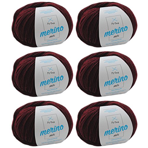 Merinowolle zum Häkeln - Merino Wolle bordeaux (Fb 4) - 6 Knäuel dunkelrote Wolle zum Stricken - Wolle Mix + GRATIS MyOma Label - 50g/120m - MyOma Wolle - weiche Wolle - Merinogarn von My Oma