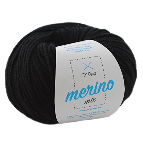 Wolle stricken - Merino Wolle schwarz (Fb 200) - 1 Knäuel schwarze Merinowolle zum Häkeln - Merinogarn + GRATIS MyOma Label - 50g/120m - MyOma Wolle - weiche Wolle - Mischgarn von My Oma