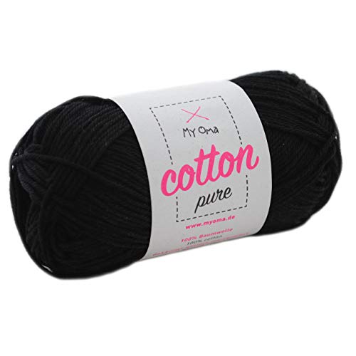 schwarze Baumwolle zum Häkeln -MyOma Cotton pure schwarz (Fb 0103)- Baumwolle Garn stricken + GRATIS Anleitung – 1 Knäuel schwarzes Baumwollgarn/schwarze Baumwolle – 50g/125m – Nadelstärke 2,5-3,5mm von My Oma