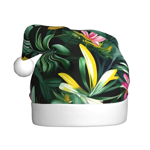 Weihnachtsmann Hut Plüsch Tropical Palme Print Hawaii Süße Weihnachtsmannmütze für Weihnachtsfeier Tropische Blätter mit Blumen, 1 von MyPiky