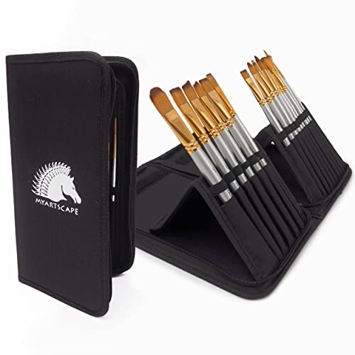 Pinsel – 15 PC ART Pinsel-Set für Aquarell-, Acryl-, Öl- & Gesichtsmalerei, | kurzer Griff, für Künstler Tuschkasten, mit Reise- & Halterung, Gratis Geschenk-Box, 15-teiliges Set Schwarz von Myartscape