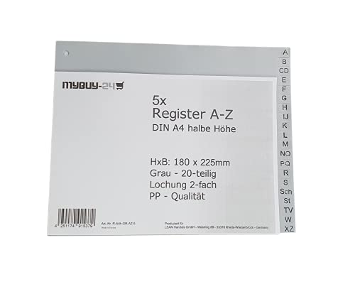 5er Sparpack Register A-Z für A4 20-teilig, halbe Höhe, Universallochung PP Kunststoff grau 180 x 225mm Trennblätter Buchstaben A - Z von Mybuy24