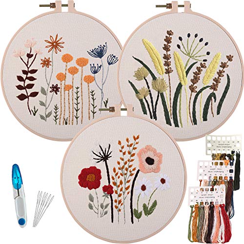 Myfelicity 3 Sets von Anfänger-Sticksets, Stickerei-Starter-Kits, Hobbys für Erwachsene und Damen, einschließlich Stoff mit Blumenmustern, farbigen Fäden, Nadeln, Reifen und Anleitung (evtl. nicht in von Myfelicity