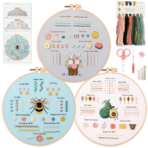 Myfelicity 3 Stickset für Anfänger, Stickerei-Starter-Kits zum Lernen von 28 verschiedenen Stichen, einschließlich Stoff mit Drucken, Fäden, Nadeln, Reifen und Video-Tutorials von Myfelicity