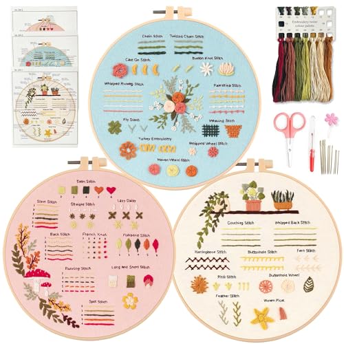 Myfelicity 3 Stickset für Anfänger, Stickerei-Starter-Kits zum Lernen von 30 verschiedenen Stichen, einschließlich Stoff mit Drucken, Fäden, Nadeln, Reifen und Video-Tutorials von Myfelicity