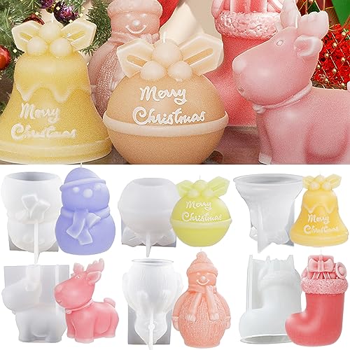 6 Stück Silikonform Weihnachten,Schneemann Kerzenform Epoxidharz Formen Jingle Bell Gießformen Silikon Gießform Weihnachten Socke Weihnachtsmann Elch Hirsche Gießform Für Xmas Kerzen Selber Machen Set von Myhiju