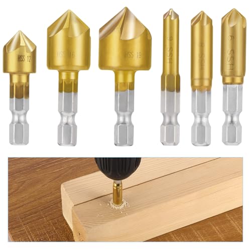 Mynoozi 6-teiliges Kegelsenkerbohrer-Set, HSS, Kegelsenker, 5 Nuten, 90 Grad, Zentriersenker-Bits, Sechskantschaft, Anfasbohrer für Holz, Schnellwechsel-Bit, 6–19 mm von Mynoozi