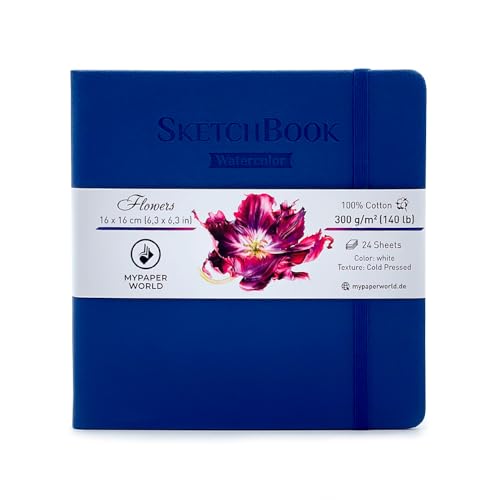 Mypaperworld Aquarell Skizzenbuch, 300 g 100% Baumwolle, Kalt gepresst, 24 Blätter, 16x16cm - Dunkel Blau von Mypaperworld