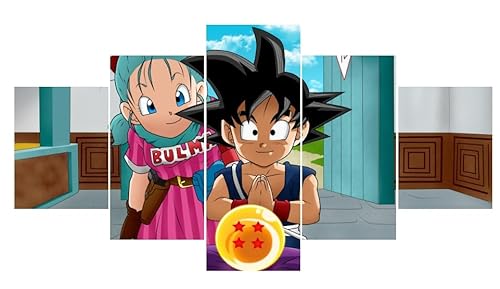 Leinwanddrucke 5 Stück Kunstdruck Wandbild 150×80Cm Dragon Ball Kid Bulma Und Goku Mehrteilig Aufhängen Bilder Für Wohnzimmer Wohnkultur,Hd Gedruckt Rahmen Segeltuch Malerei von Myrdsio