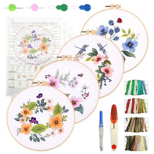 MytaYt 4 Stück Sticken Anfänger Set Blumenmuster Stickerei Set Anfänger Kreuzstich-Set Embroidery Starter Kit mit Stickrahmen Farbfäden und Anleitung Stickset für DIY Kunst Handwerk Nähen von MytaYt