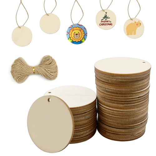 MytaYt 50 Stück 5CM Runde Holzscheiben Holzanhänger Holz runde Holz Stücke mit Loch zum Basteln für Weihnachtsdekoration, Malerei, Signatur von MytaYt