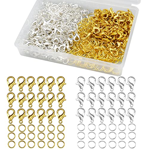 MytaYt 600 Stück Silber/Gold Karabinerverschluss Schmuck Set 12x7mm Kettenverschluss Silber Und Biegeringe Offene Verschlüsse für Ketten Schmuckverschlüsse für Schmuckherstellung, Ohrring, Halskette von MytaYt