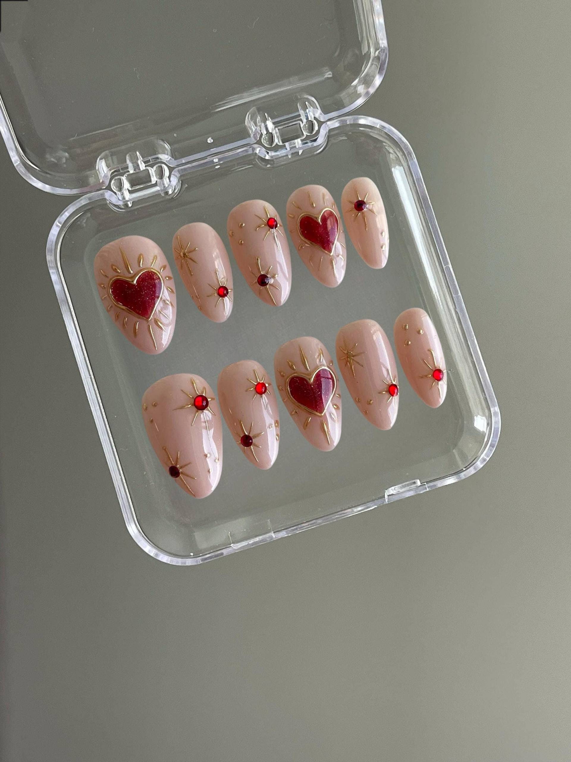 Rotes Herz Valentinstag Nägel/Benutzerdefinierte Presse Auf Handgemachte Künstliche Acrylnägel Y2K Nagel von MythicalNailart