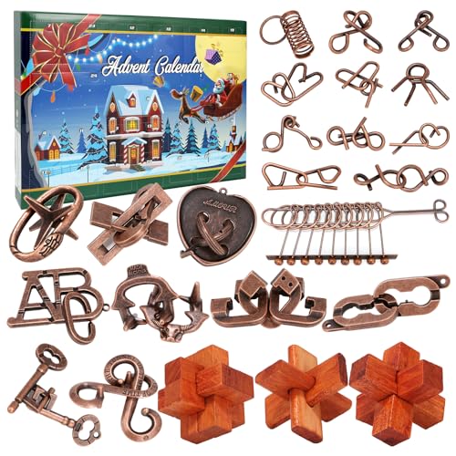 Adventskalender 2024, Weihnachts-Countdown-Kalender-Geschenkbox mit 24 Brain Teaser Puzzles, 24 Tage Metall & Holz Brain Teaser Puzzles Xmas Countdown Kalender Herausforderung für Erwachsene Teenager von Mytothfy