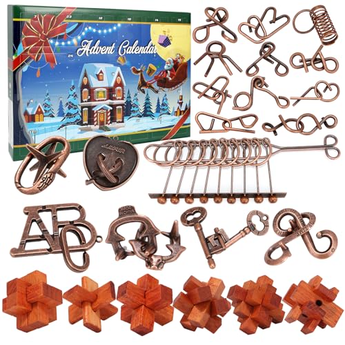 Adventskalender 2024, Weihnachts-Countdown-Kalender-Geschenkbox mit 24 Brain Teaser Puzzles, 24 Tage Metall & Holz Brain Teaser Puzzles Xmas Countdown Kalender Herausforderung für Erwachsene Teenager von Mytothfy