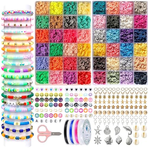 Mytovosn 10400 Stück Perlen Set, Bunte Polymer Clay Beads 48 Farben Flach Rund Basteln Perlen DIY Schmuck Bastelset für Ohrring Armbänder Halskette Schmuck Kreativ Geschenk von Mytovosn