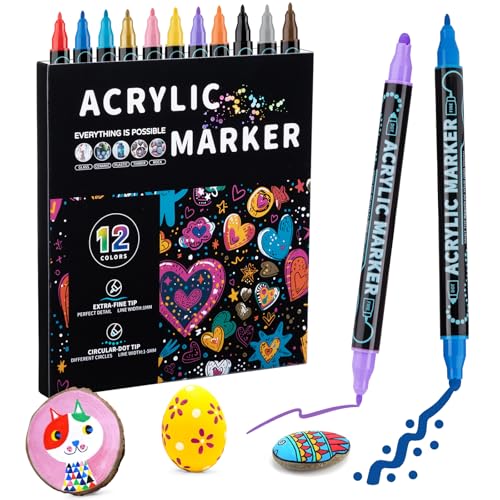 Mzh Art 12 Farben Dual Tip Acryl Paint Pens Marker, Double Tip Premium Acryl Marker, Acryl Marker für Holz, Rock Painting, Glas, Leinwand, Stein, DIY Crafts Making Art Supplies von Mzh Art