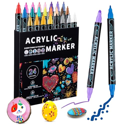 Mzh Art 24 Farben Dual Tip Acryl Paint Pens Marker, Double Tip Premium Acryl Marker, Acryl Marker für Holz, Rock Painting, Glas, Leinwand, Stein, DIY Crafts Making Art Supplies von Mzh Art