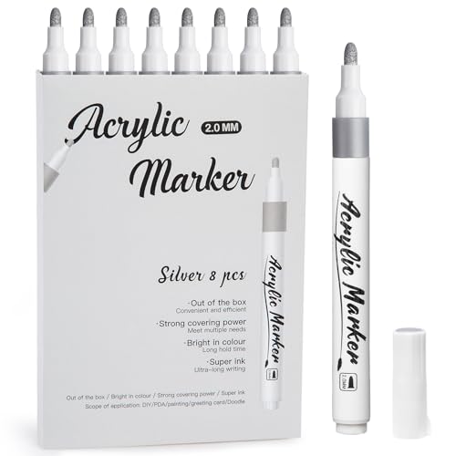 Mzh Art Acryl Silber Lackmarker, Packung Mit 8 Silber Metallic Stifte, Feine Spitze, Silber Permanent Marker für Papier, Skizzieren, Malen, Holz, Rock, Reifen, Kunststoff, Leder, Glas, DIY Malerei von Mzh Art