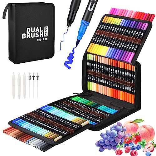 Mzh Art Dual Brush Pen Set 120 Farben Doppelfilzstifte, Malstifte für Kinder und Erwachsene, Faserschreiber und Fineliner Set für Aquarelle, Handlettering Mandala Kalligraphie Manga, 0.4 &1-2mm von Mzh Art